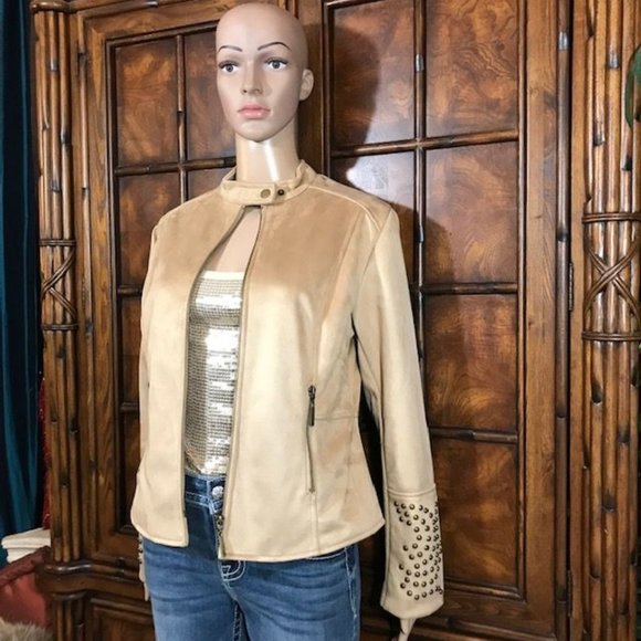 Curations Honey Beige Faux Suede Studded Zip Sleeve Jacket - Picture 3 of 16